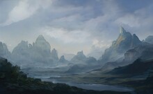 Fabulous Fantasy Landscape Of Mountains, Amazing View Of The Rocks And The Valley. Mystical Nature Of The Peaks Of Mountains And Ridges. Illustration