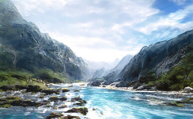 Fototapete - Rivers of meltwater flow from the slopes of the mountains. Mountain landscape, blue river of clear cold water from the mountains. Beautiful mountain peaks