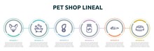 Pet Shop Lineal Concept Infographic Design Template. Included Fennec Fox Head, Pets Bath, Rope Toy, Honey Treat, Big Pike, Water Bowl Icons And 6 Option Or Steps.