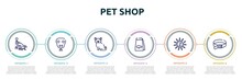 Pet Shop Concept Infographic Design Template. Included Dog Walker, Snake Head, Cat Toy, Fish Food, Sea Urchin, Dog Leads Icons And 6 Option Or Steps.