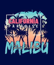 California Paradise Malibu Beach Surf T-shirt Design