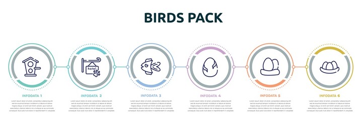 birds pack concept infographic design template. included birds home, pet hotel, fish, egg with a crack, egg, egg in a nest icons and 6 option or steps.