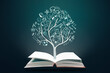 Education concept. Open books and knowladge tree with hand drawn school doodle icons. Studying, knowledge, learning idea
