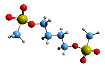 Wall Mural - 3D image of Busulfan skeletal formula - molecular chemical structure of 1,4-butanediol dimethanesulfonate isolated on white background