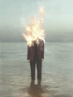 Illustration of man burning in the water, surreal contrast abstract concept
