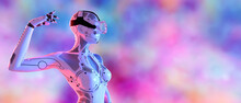 Woman Robot In Virtual Reality Glasses.