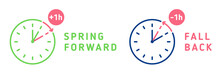 . Set Of Clocks With Text Fall Back, Spring Forward.