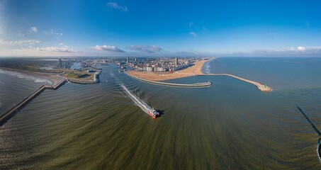 Drone panorama over the harbor and skyline of the Belgian city of Oostende