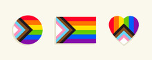 Progress Pride Flag With Heart And Circle Design Elements. Inclusive Rainbow Flag Symbol: LGBTQ , Black And Brown Color Representing Communities Of Color, Pink And Light Blue For Transgender People.
