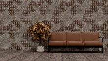 3d Render Brown Leather Loft Sofa In The Room And Plant Near It Furniture Interior Background