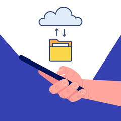 Poster - Hand holding smartphone with swapping files on cloud. Cloud storage. Vector illustration.
