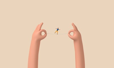 Aufkleber - Person balancing on a tightrope held between two hands. 3D Rendering