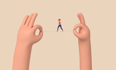 Aufkleber - Person balancing on a tightrope held between two hands. 3D Rendering