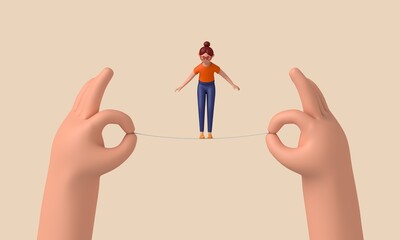 Aufkleber - Person balancing on a tightrope held between two hands. 3D Rendering