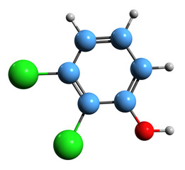 Wall Mural -  3D image of Dichlorophenol skeletal formula - molecular chemical structure of DCP isolated on white background
