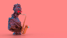 3d Render Sculpture Of A Woman Playing On A Golden Saxophone Pink Background With Place For Text