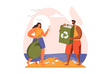 People Collecting Garbage Web Concept In Flat Design. Man And Woman Gathering Plastic Waste In Bags On Beach, Sorting Trash Into Containers For Recycling. Illustration With People Scene