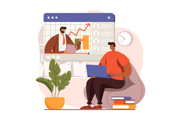Fototapete - Online education web concept in flat design. Teacher explains lessons remotely, student studying with laptop. Online learning programs at educational platform. Illustration with people scene