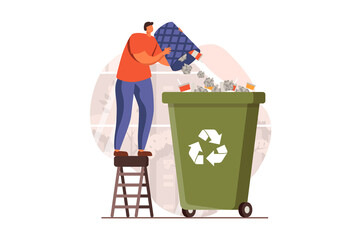 Poster - People collecting garbage web concept in flat design. Man gathering waste and throwing trash in recycling container. Eco activism and environmental protect. Illustration with people scene
