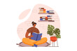 People reading book web concept in flat design. Woman reads story or enjoying novel while sitting at home. Student studying textbooks and prepare for exams. Illustration with people scene