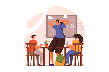 Aufkleber - People sit in gadgets web concept in flat design. Boy and girl use smart phone in class and get distracted in class, angry teacher can't discipline pupils. Illustration with people scene