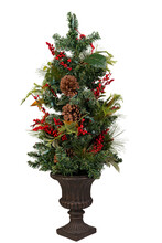 Holiday Artificial Tree Of Green Fir Branches, Pine Cones And Red Berries Isolated On White