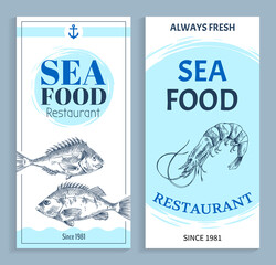 Wall Mural - Best quality seafood restaurant hand drawn banner with anchor symbol. Bream and shrimp marine products sketch vector illustration on white backdrop