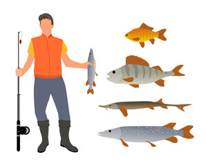 Fisherman full length model form with fishing tackle poster. Fish variety carp and perch, pike and catfish vector illustration on white background.