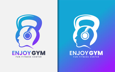 Poster - Enjoy Gym Logo Design with Kettlebell and Human with Headphone Combination.