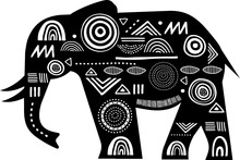 Black And White African Elephant Silhouette With Tribal Ornament Illustration