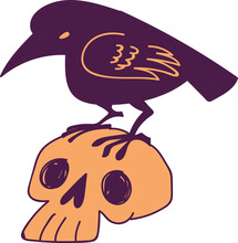 Crow / Raven Sitting On A Skull Halloween Illustration