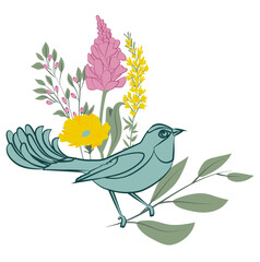 Spring set with bird and plants and flowers illustration