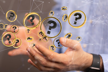 Poster - Businessman solving problem with digital question marks 3D rendering