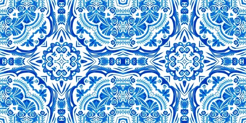  Blue white watercolor azulejo tile border background. Seamless coastal geometrical floral mosaic effect banner. Ornamental arabesque summer fashion repeat edge trim.