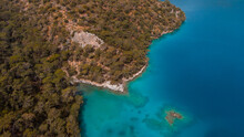Drone Shot Of Green Island Surrounded By Blue Sea
