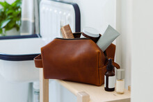 Men's Leather Toiletry Leather Cosmetic Bag In Bathroom