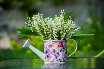 A bouquet of lilies of the valley in a garden watering can in a green garden.