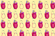 Repeating Pattern Of Hearts And 
Stethoscopes. Illustration