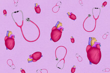 Repeating Pattern Of Hearts And 
Stethoscopes. Illustration