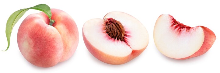 sweet peach fruit with leaf isolated on white background, fresh peach on white background with clipp