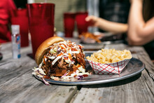 BBQ: Plate With Pulled Pork Sandwich With Mac And Cheese