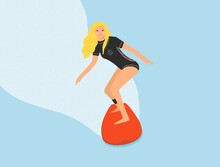 Blonde Woman Pacticing Surf Sport Outdoors Illustration
