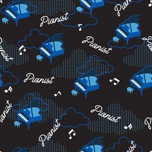 Moon Night Piano Concert Vector Graphic Art Seamless Pattern