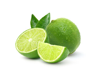 Wall Mural - Natural  fresh lime with sliced and water droplets  isolated on white background.