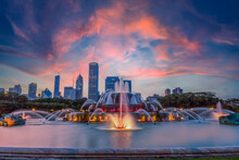 Title: Chicago Buckingham Fountain Sunset, Chicago, IL, USA