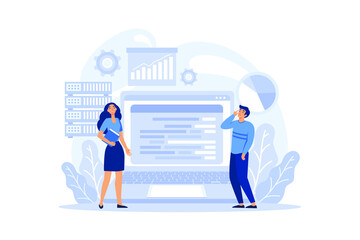 Poster - data base administrator concept. female and male character working at data center. modern computer t