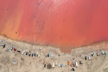 Aerial View At Salt Lake Which Water Colored In Pink By Algae