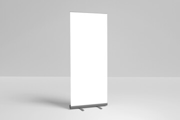 blank white roll-up banner display mockup, isolated, 3d rendering.