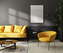 Blank Frame Mockup In  Dark Interior Room With Bright Yellow Furniture
