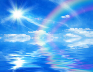 Wall Mural - sunny background with rainbow, blue sky with white clouds and sun reflected in calm water, 3d illust